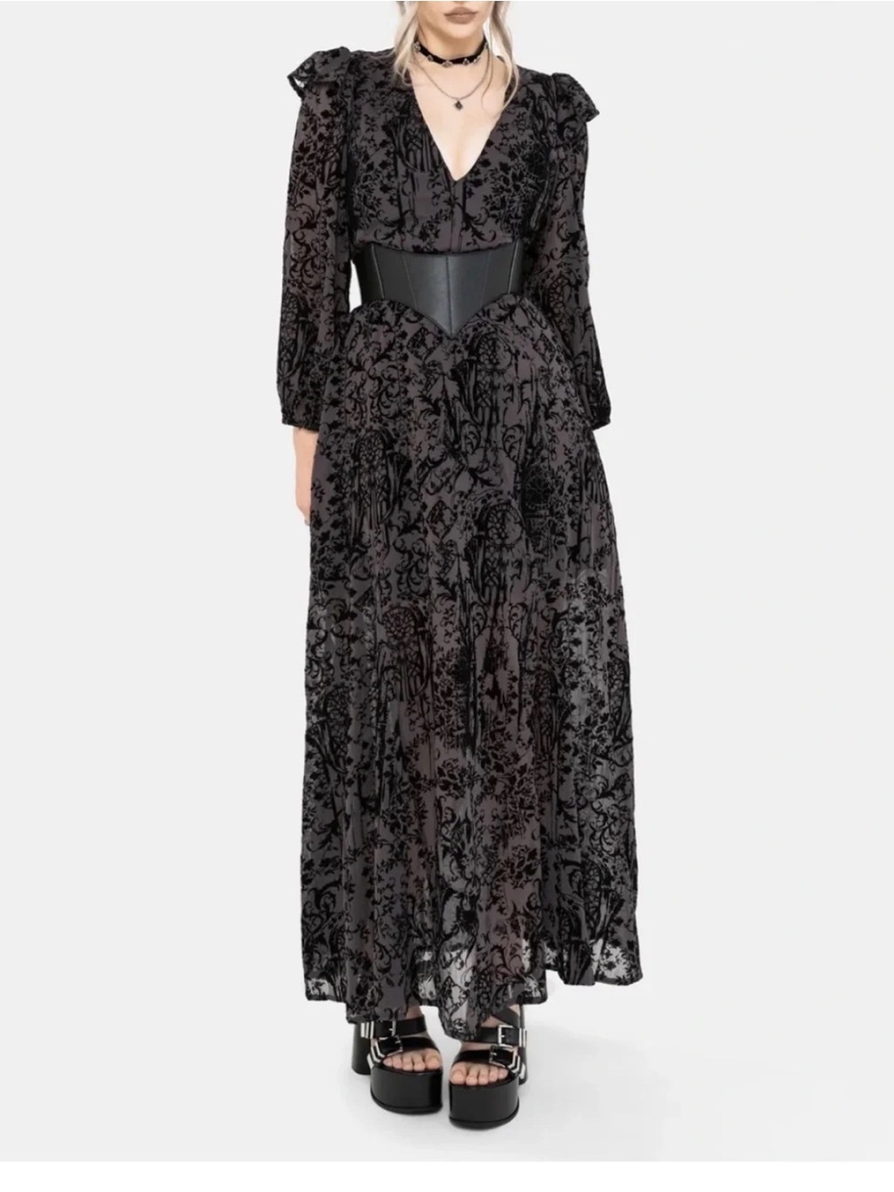 Thorned Flocked Chiffon Castle Print Frill Neck Maxi Dress us 8 fall whimsigoth